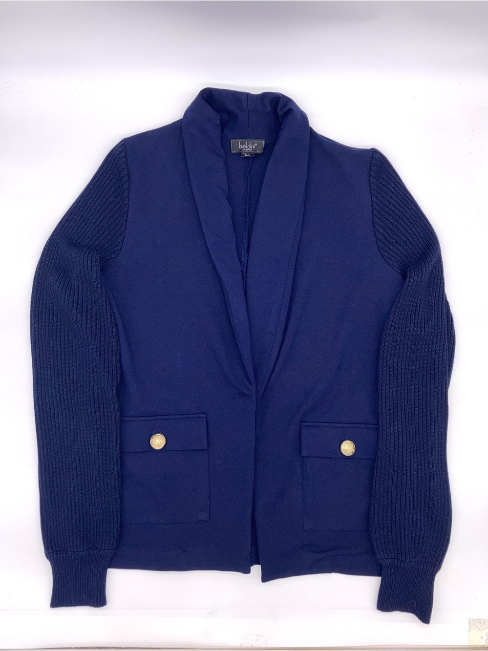 Belldini Navy Open-Front Cardigan-Blazer with Gold Buttons